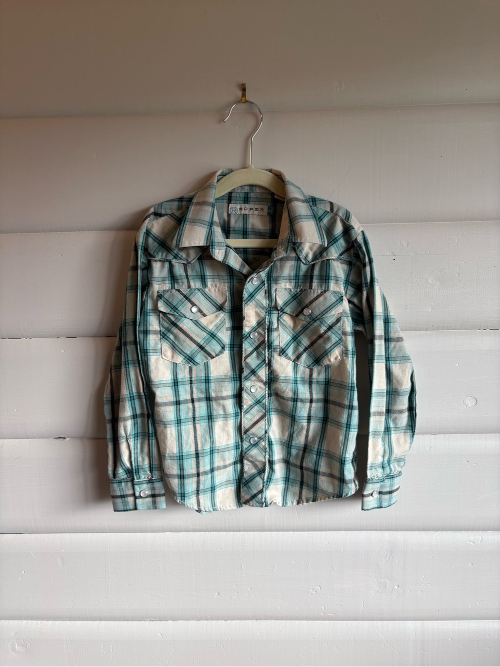 Roper Girls Western Plaid Pearl Snap Shirt Metallic Thread Cowgirl Sz 6/7